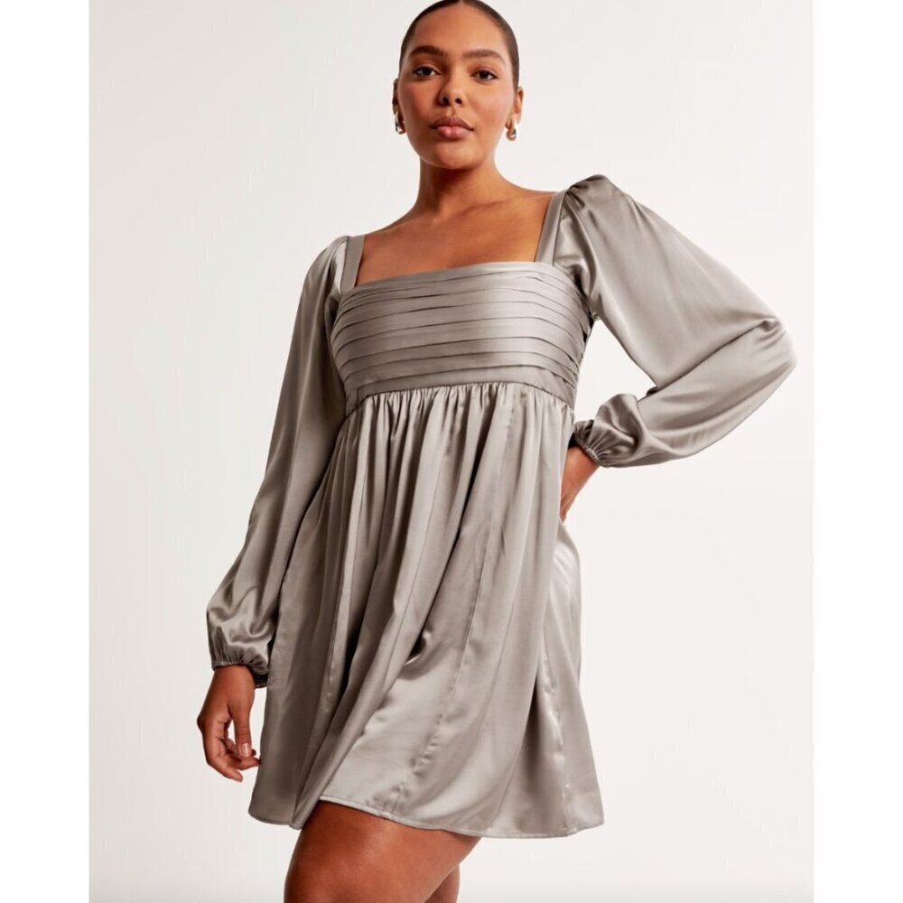 Abercrombie Emerson Satin Long-sleeve Mini Dress in Taupe Size Small Petite